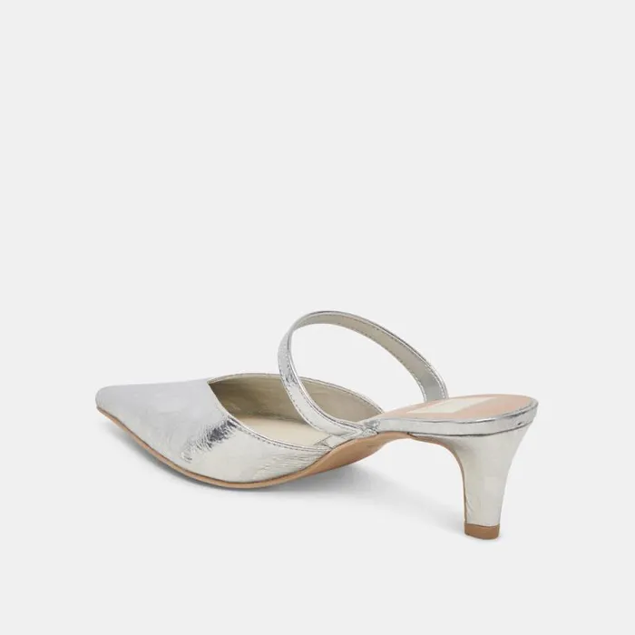 Dolce Vita Kanika Mid Heels Silver Distressed Leather Women Mules and Clogs