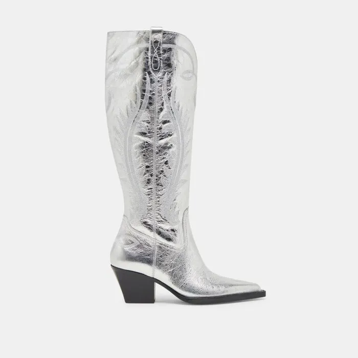 Dolce Vita Ryatt Extra Wide Calf Boots Silver Distressed Leather Women Boots and Booties