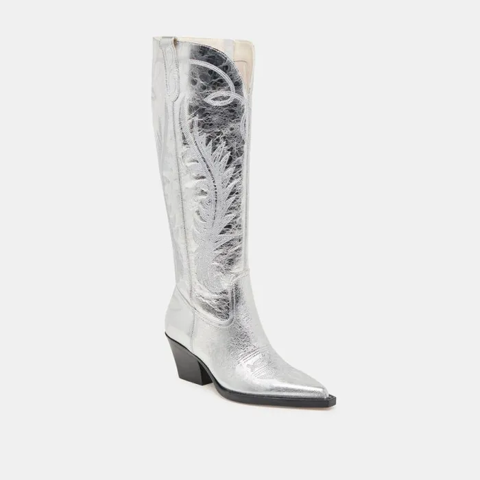 Dolce Vita Ryatt Extra Wide Calf Boots Silver Distressed Leather Women Boots and Booties