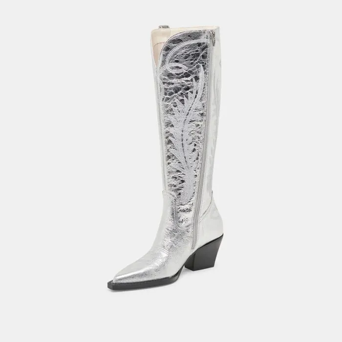 Dolce Vita Ryatt Extra Wide Calf Boots Silver Distressed Leather Women Boots and Booties
