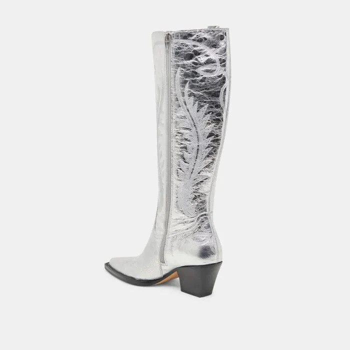 Dolce Vita Ryatt Extra Wide Calf Boots Silver Distressed Leather Women Boots and Booties