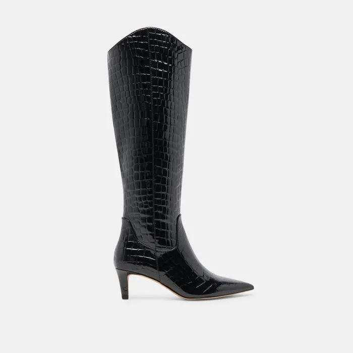 Dolce Vita Shilah Wide Calf Boots Noir Embossed Leather Women Boots and Booties