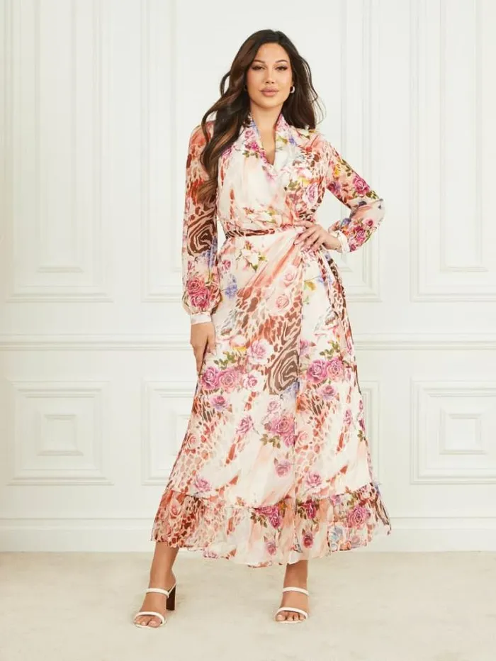 Dresses Women Marciano Rose Silk Wrap Dress Rose Shadow Print