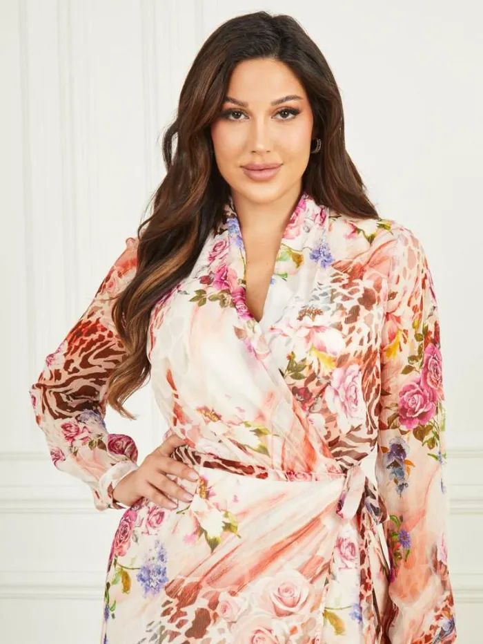 Dresses Women Marciano Rose Silk Wrap Dress Rose Shadow Print Dresses Women Marciano Rose Silk Wrap Dress Rose Shadow Print