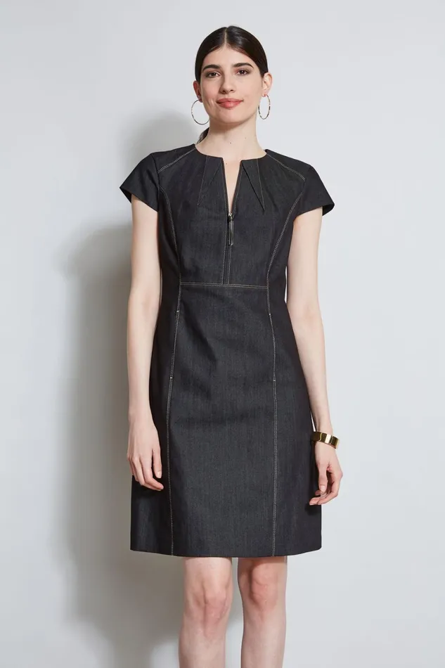 Elie Tahari Dresses and Jumpsuits Denim Fit and Flare Zip Dress Black 8211 Women