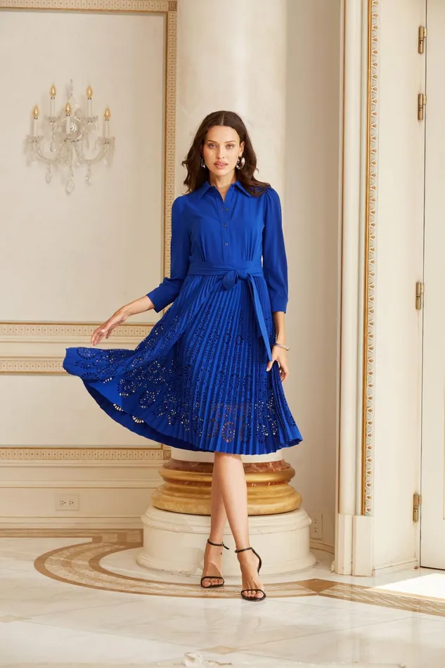 Elie Tahari Dresses and Jumpsuits Pleated Laser Cut Dress Klein Blue 8211 Women