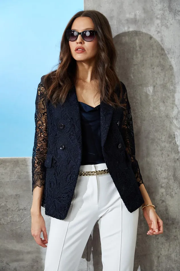 Elie Tahari Jackets and Blazers Double Breasted Lace Blazer Stargazer 8211 Women