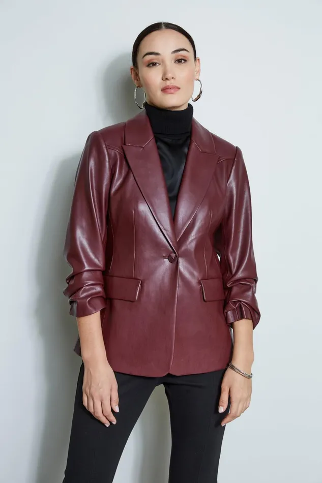 Elie Tahari Jackets and Blazers Vegan Leather Ruched Sleeve Blazer Black Cherry 8211 Women Elie Tahari Jackets and Blazers Vegan Leather Ruched Sleeve Blazer Black Cherry 8211 Women