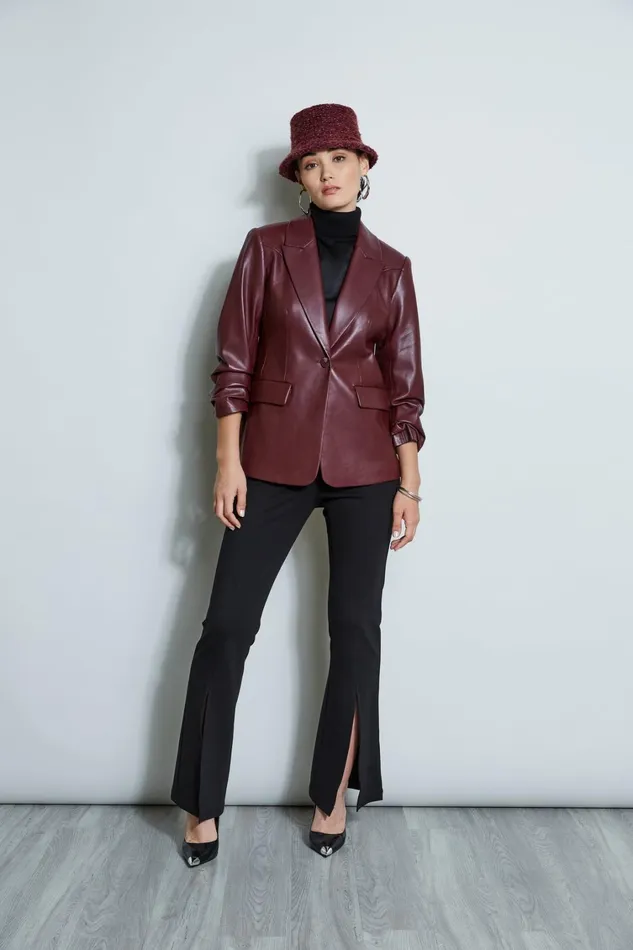 Elie Tahari Jackets and Blazers Vegan Leather Ruched Sleeve Blazer Black Cherry 8211 Women