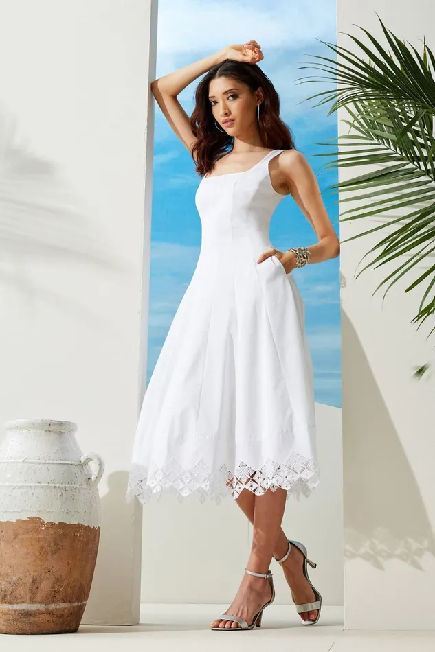 Elie Tahari Midi Dresses Cotton Poplin Square Neck Dress White 8211 Women