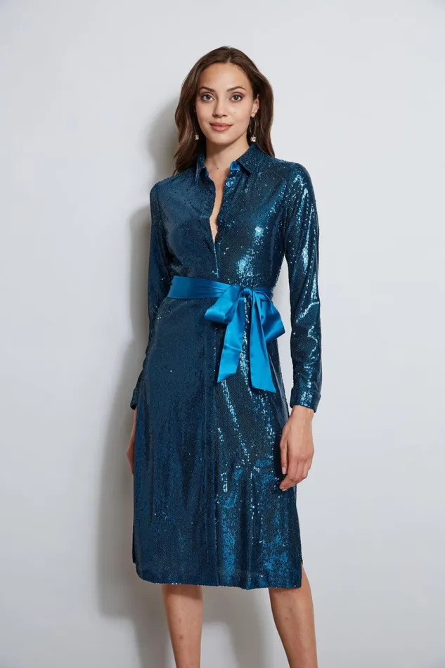 Elie Tahari Midi Dresses Sequin Shirt Dress Teal 8211 Women