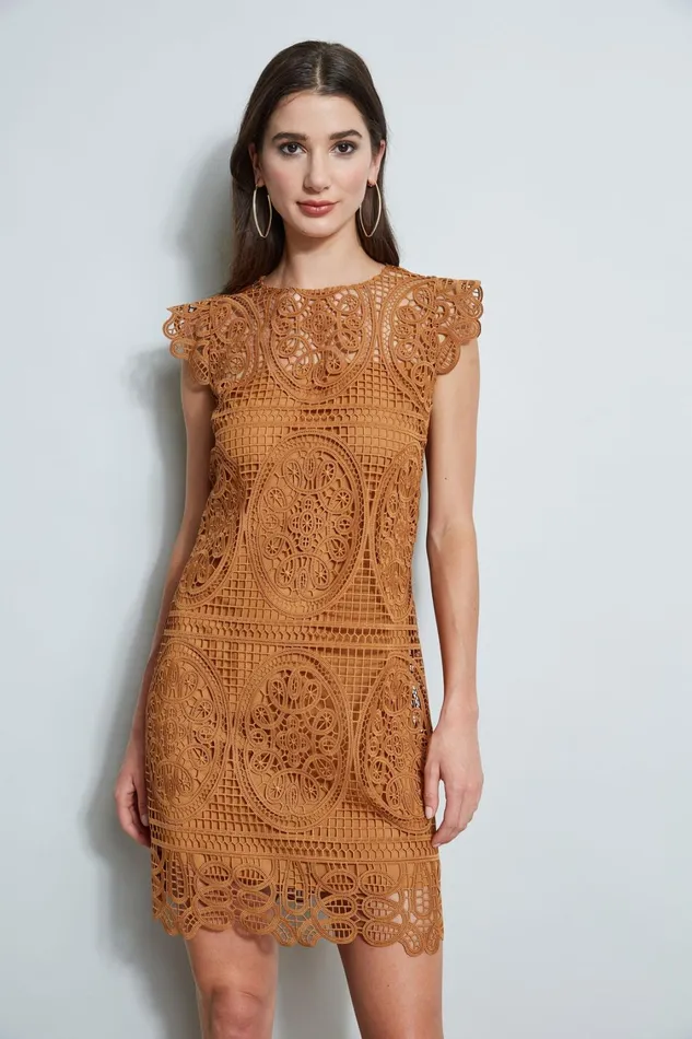 Elie Tahari Short Dresses Lace Flutter Sleeve Dress Caramel 8211 Women
