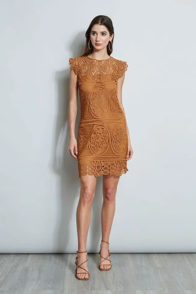 Elie Tahari Short Dresses Lace Flutter Sleeve Dress Caramel 8211 Women
