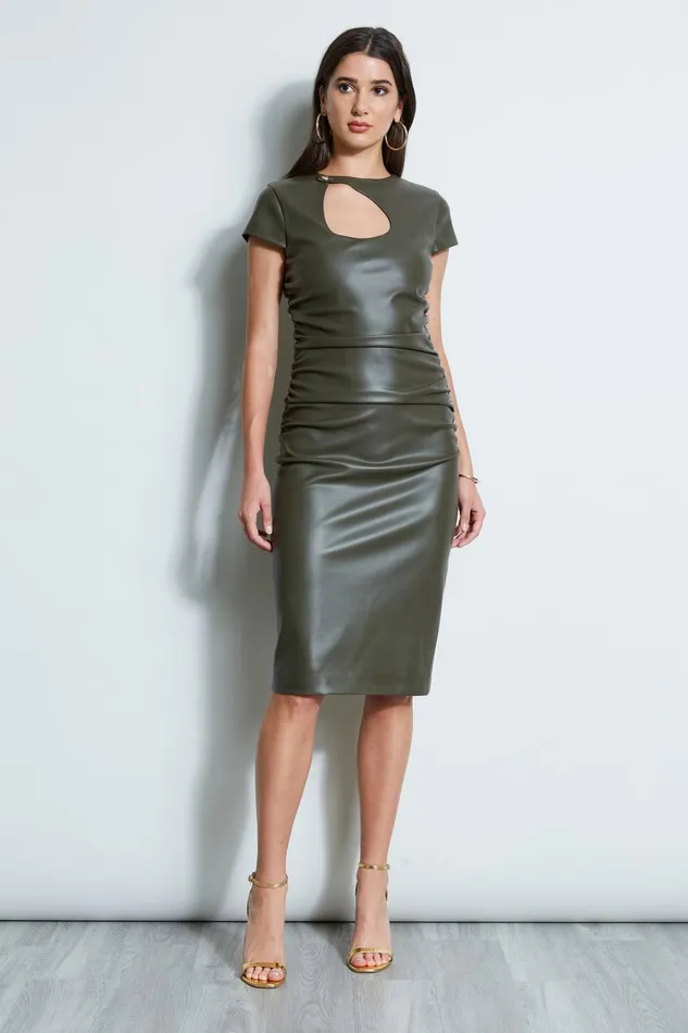 Elie Tahari Short Sleeve Dresses Vegan Leather Keyhole Dress Olive 8211 Women