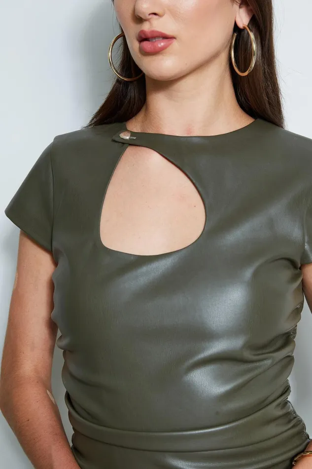 Elie Tahari Short Sleeve Dresses Vegan Leather Keyhole Dress Olive 8211 Women