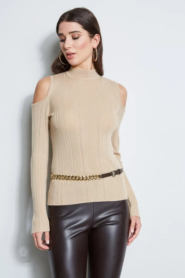 Elie Tahari Suiting Cold Shoulder Mock Neck Sweater Camel 8211 Women