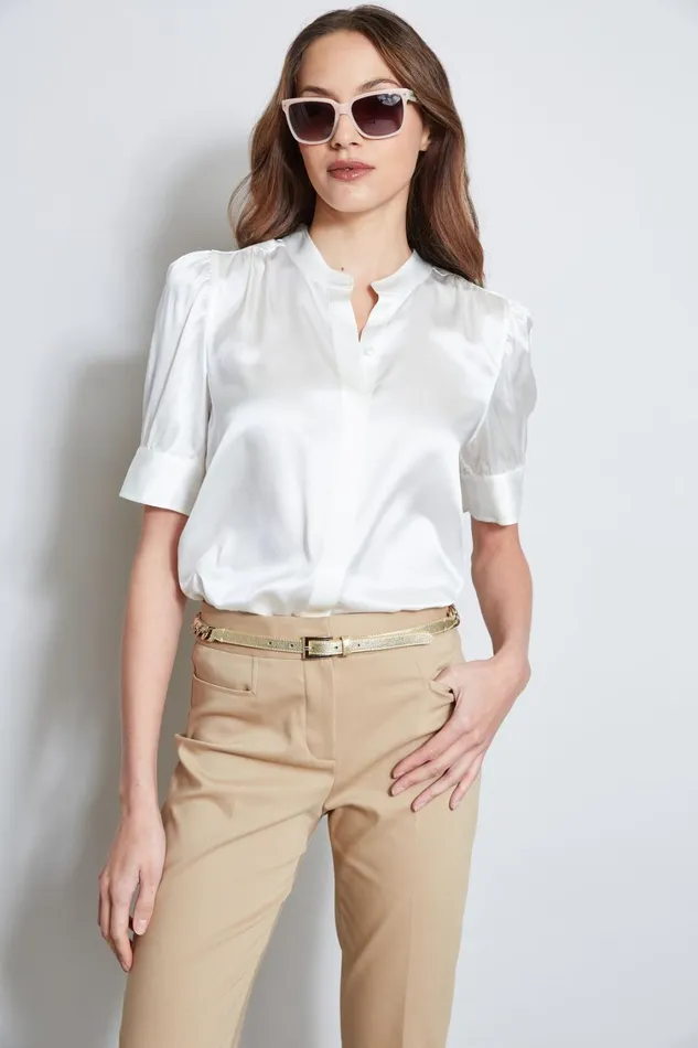 Elie Tahari Suiting Silk Satin Ruched Sleeve Shirt Fresh Pearl 8211 Women