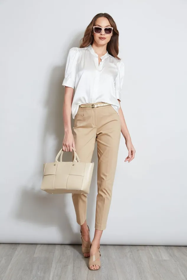 Elie Tahari Suiting Silk Satin Ruched Sleeve Shirt Fresh Pearl 8211 Women