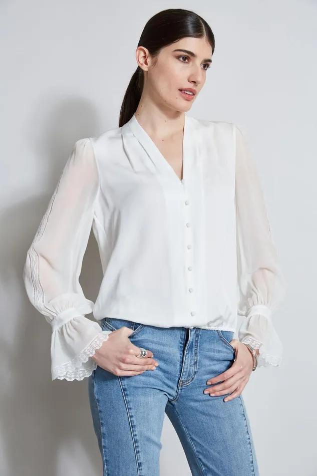 Elie Tahari Tops Embroidered Sleeve Blouson Shirt Fresh Pearl 8211 Women
