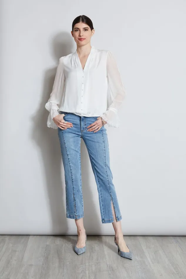 Elie Tahari Tops Embroidered Sleeve Blouson Shirt Fresh Pearl 8211 Women