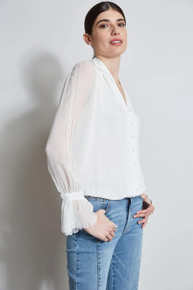 Elie Tahari Tops Embroidered Sleeve Blouson Shirt Fresh Pearl 8211 Women