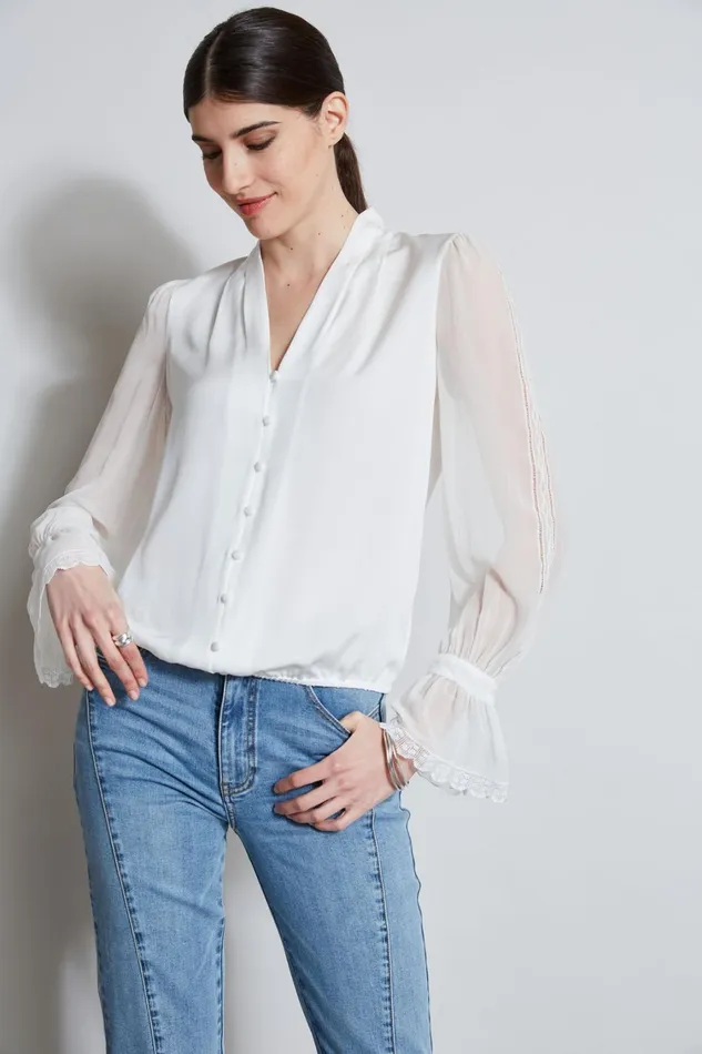 Elie Tahari Tops Embroidered Sleeve Blouson Shirt Fresh Pearl 8211 Women