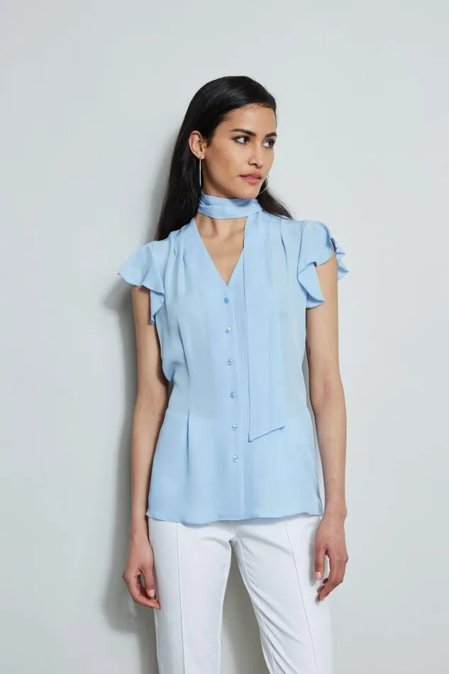 Elie Tahari Tops Flutter Sleeve Tie Shirt Water Blue 8211 Women