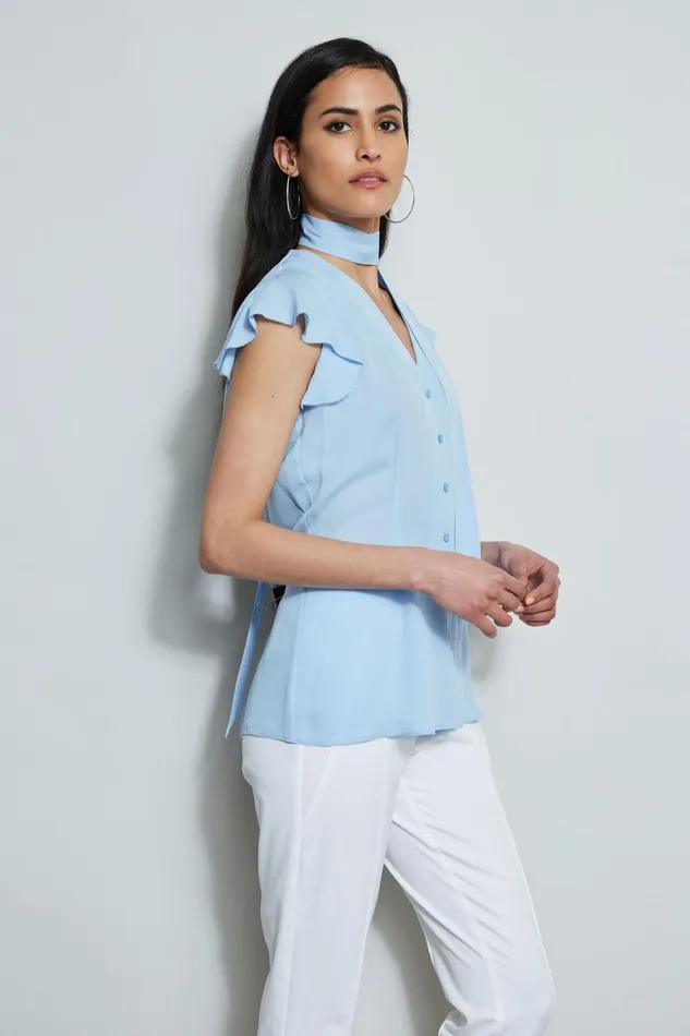 Elie Tahari Tops Flutter Sleeve Tie Shirt Water Blue 8211 Women