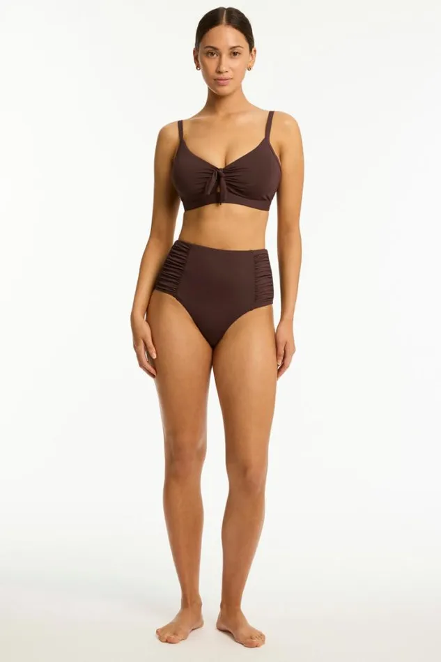 Essentials Edit High Waist Gathered Side Pant Eco Essentials Cocoa Women Sea Level Bottoms