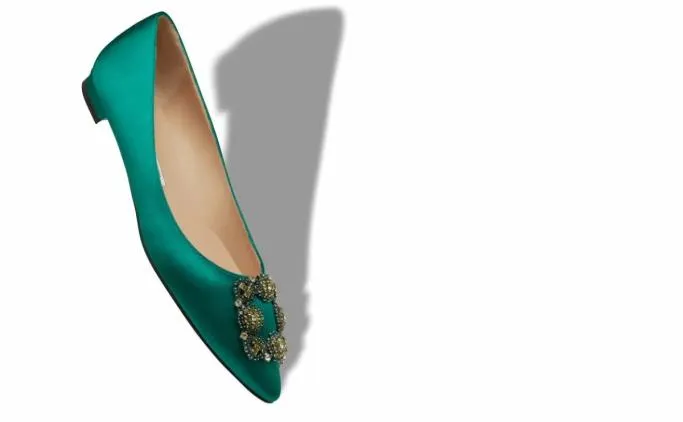 Flats Women Manolo Blahnik HANGISIFLATGreen Satin Jewel Buckled Flats