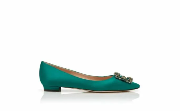 Flats Women Manolo Blahnik HANGISIFLATGreen Satin Jewel Buckled Flats