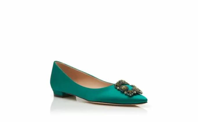 Flats Women Manolo Blahnik HANGISIFLATGreen Satin Jewel Buckled Flats