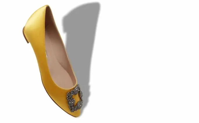 Flats Women Manolo Blahnik HANGISIFLATYellow Satin Jewel Buckle Flat Pumps