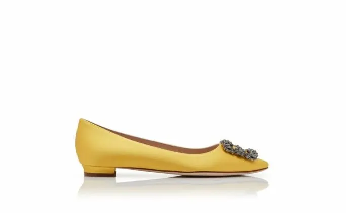 Flats Women Manolo Blahnik HANGISIFLATYellow Satin Jewel Buckle Flat Pumps Flats Women Manolo Blahnik HANGISIFLATYellow Satin Jewel Buckle Flat Pumps
