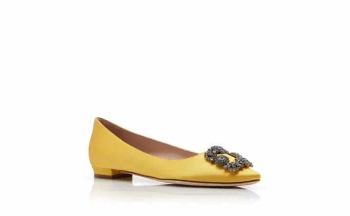 Flats Women Manolo Blahnik HANGISIFLATYellow Satin Jewel Buckle Flat Pumps Flats Women Manolo Blahnik HANGISIFLATYellow Satin Jewel Buckle Flat Pumps