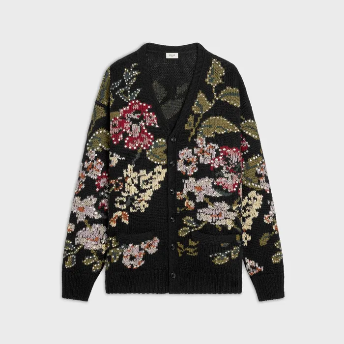 Floral Embroidered Cardigan In Wool Black Men CELINE KNITWEAR