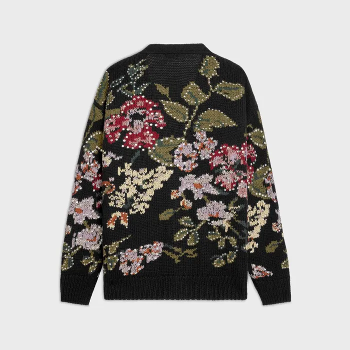 Floral Embroidered Cardigan In Wool Black Men CELINE KNITWEAR