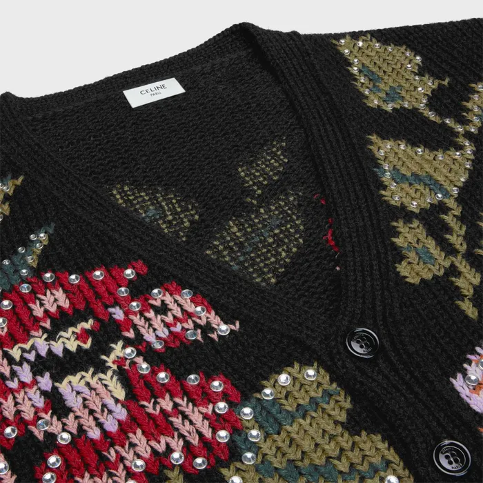 Floral Embroidered Cardigan In Wool Black Men CELINE KNITWEAR