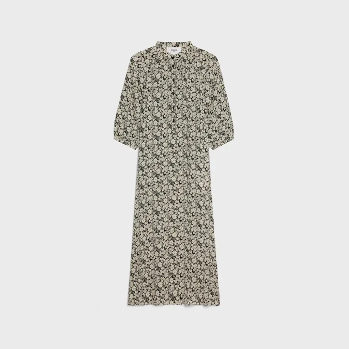 Folk Dress In Viscose Georgette Blackoff White Women CELINE DRESSES AND SKIRTS Folk Dress In Viscose Georgette Blackoff White Women CELINE DRESSES AND SKIRTS