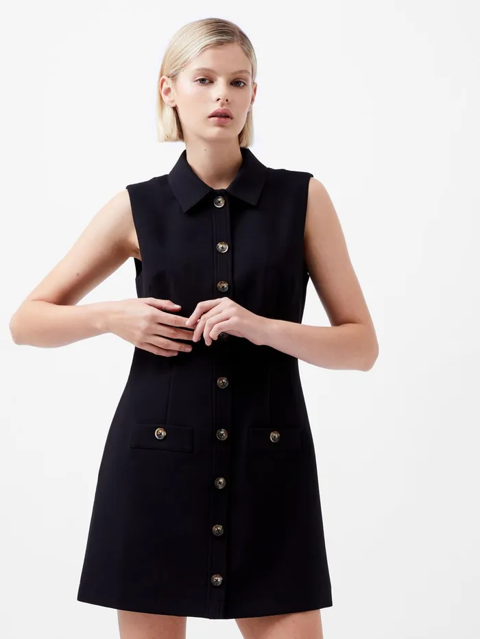 French Connection Azra Twill Sleeveless Button Mini Dress Black Woman Dresses