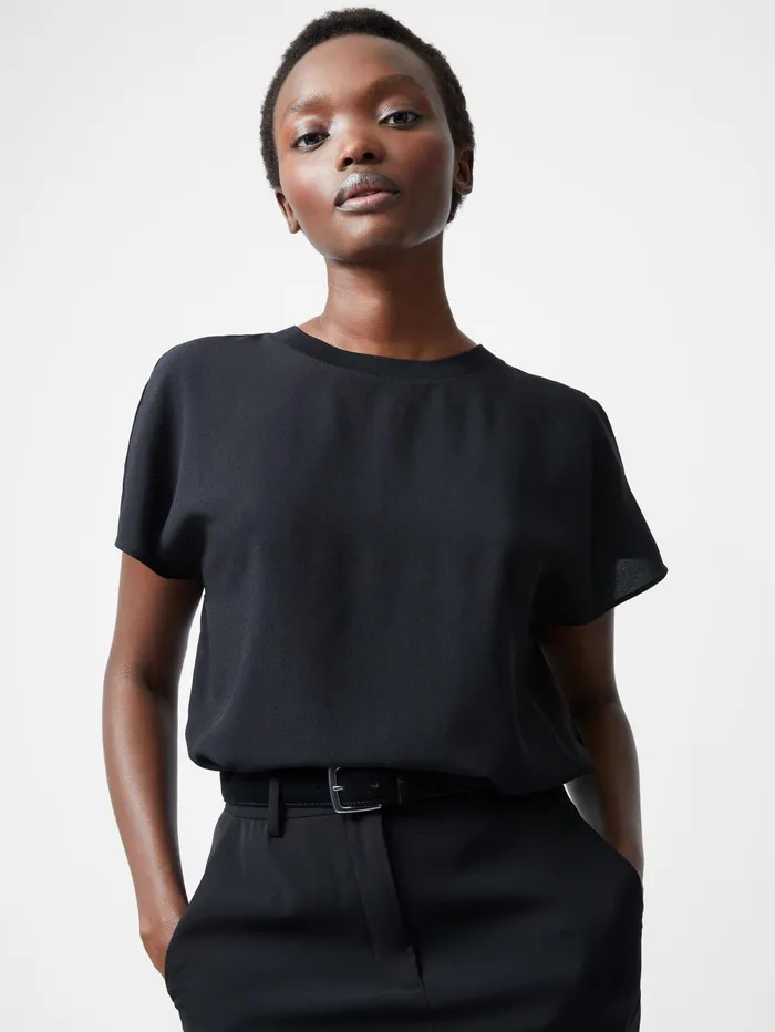 French Connection Caprina Recycled Crepe Crew Neck Top Black Woman Tops