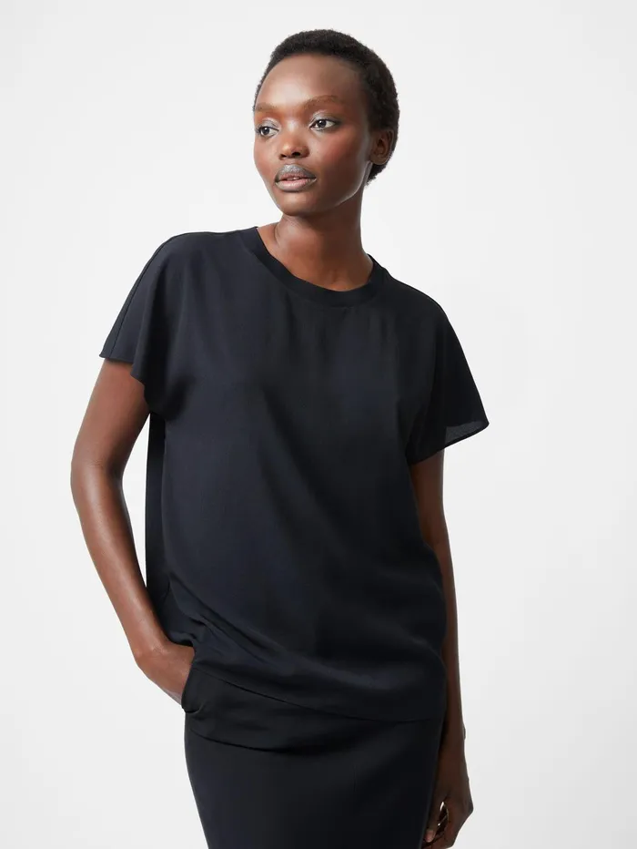French Connection Caprina Recycled Crepe Crew Neck Top Black Woman Tops