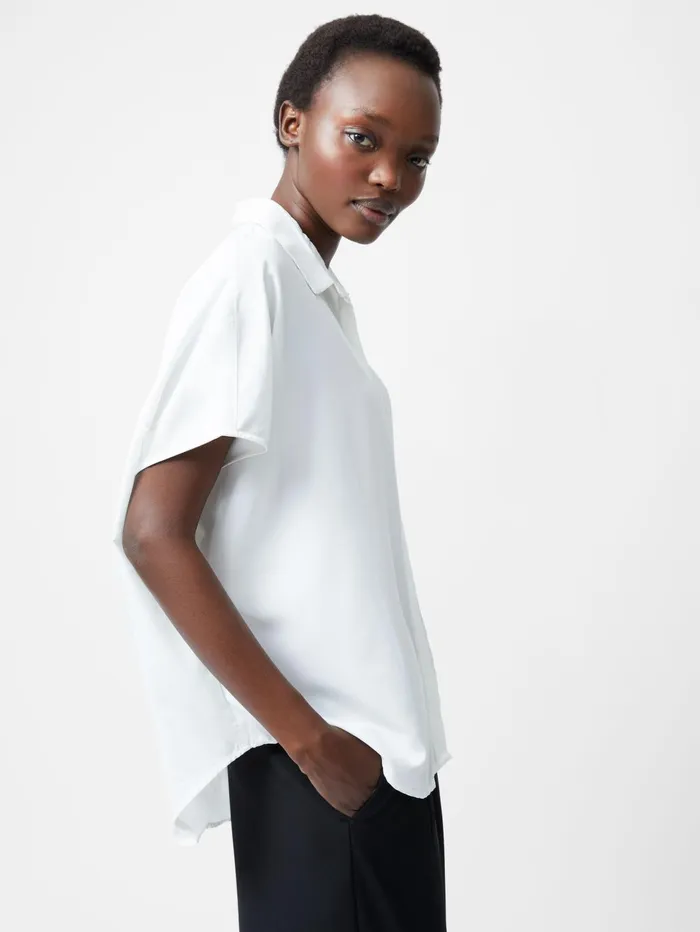 French Connection Caprina Recycled Crepe Short Sleeve Button Shirt Winter White Woman Tops