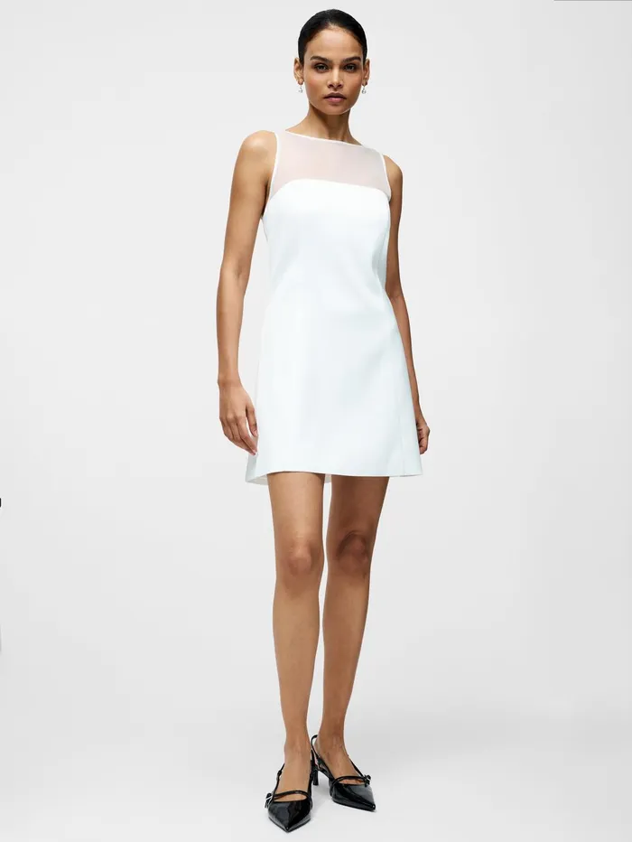 French Connection Carey Satin Slash Neck Chiffon Mini Dress Summer White Woman Dresses