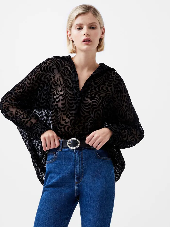 French Connection Diandra Devore Long Sleeve Popover Shirt Blackout Woman Tops