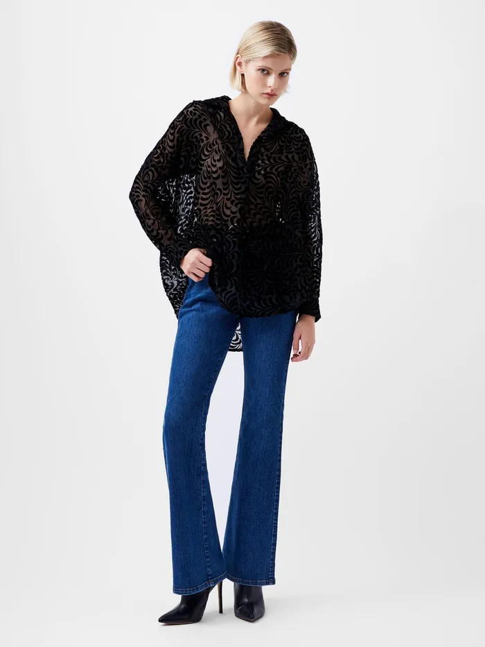 French Connection Diandra Devore Long Sleeve Popover Shirt Blackout Woman Tops