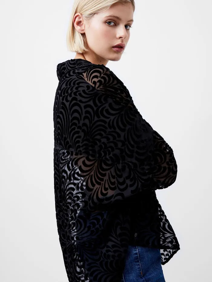 French Connection Diandra Devore Long Sleeve Popover Shirt Blackout Woman Tops