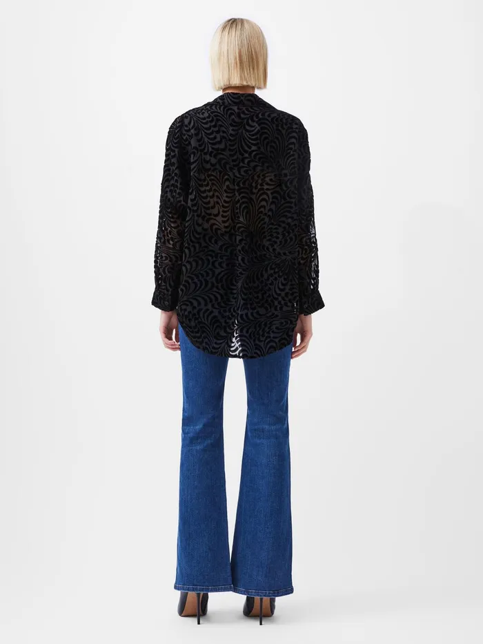 French Connection Diandra Devore Long Sleeve Popover Shirt Blackout Woman Tops