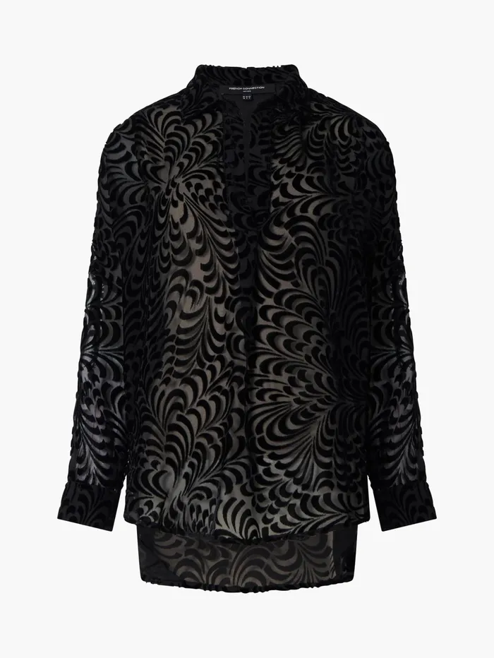 French Connection Diandra Devore Long Sleeve Popover Shirt Blackout Woman Tops