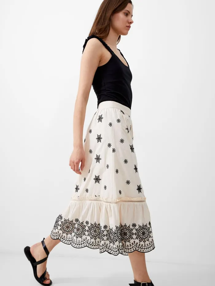 French Connection Embroidered Felicity Midi Skirt Classic CreamBlack Woman Coords